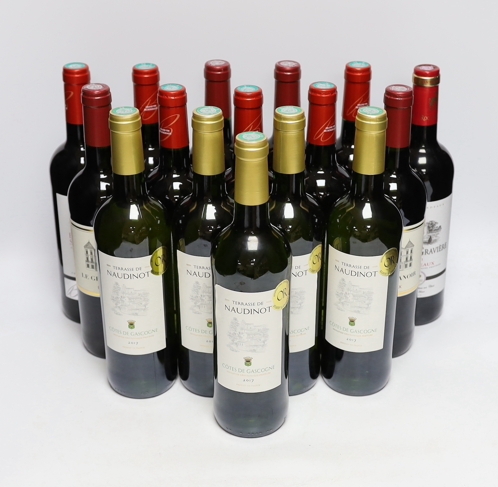 Sixteen bottles of wine including Terrasse de Naudinot 2017 and Le Grand Manoir Bordeaux 2020